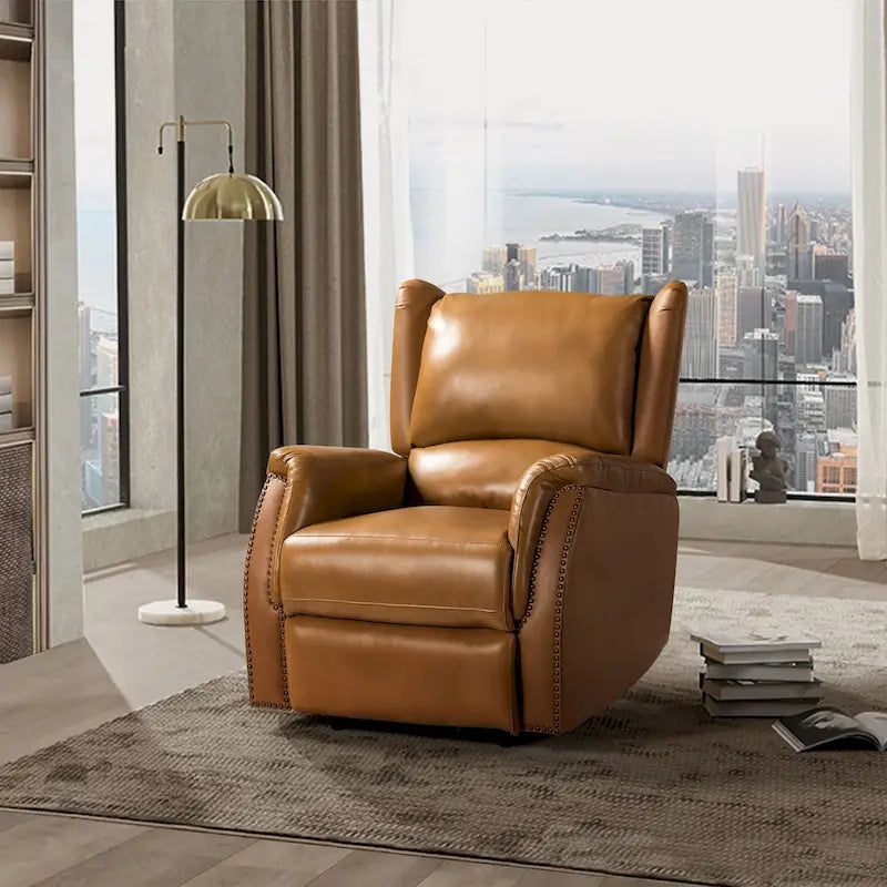 Genuine Leather Power Recliner with USB Port and Wingback Design