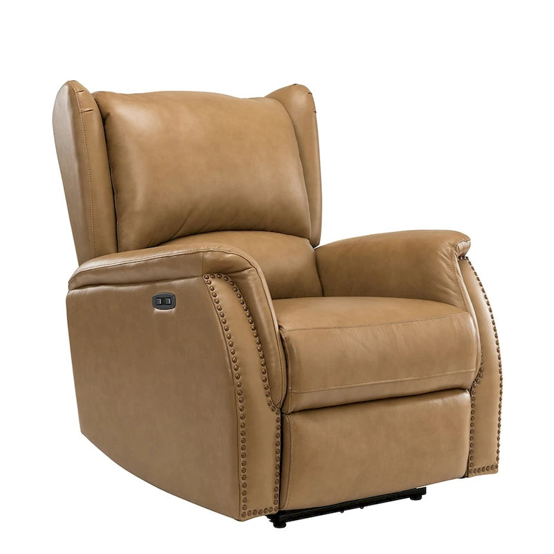 Genuine Leather Power Recliner with USB Port and Wingback Design