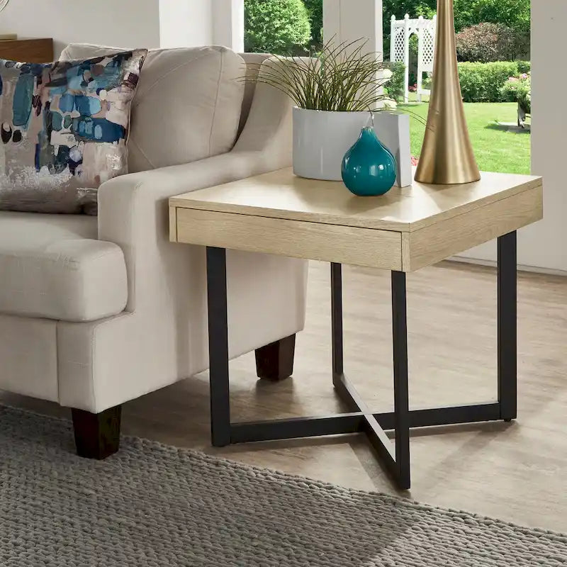 Wood Finish End Table with One Drawer