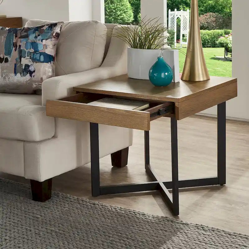 Wood Finish End Table with One Drawer