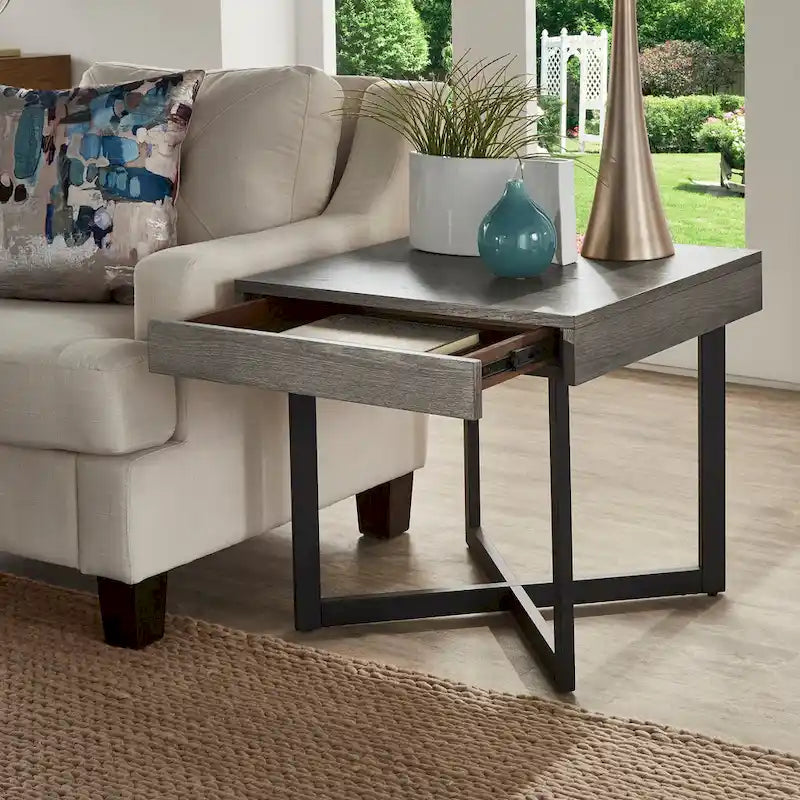 Wood Finish End Table with One Drawer