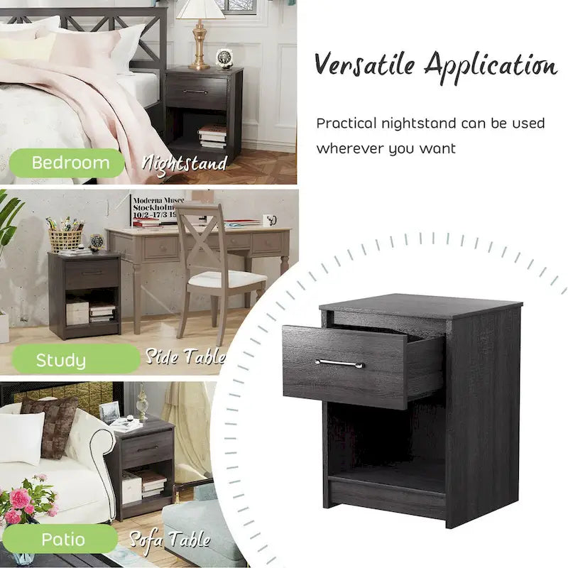 Nightstand with Drawer Storage Shelf Wooden End Side Table