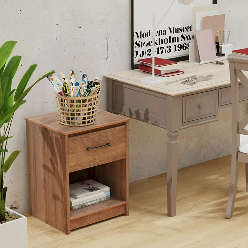 Nightstand with Drawer Storage Shelf Wooden End Side Table