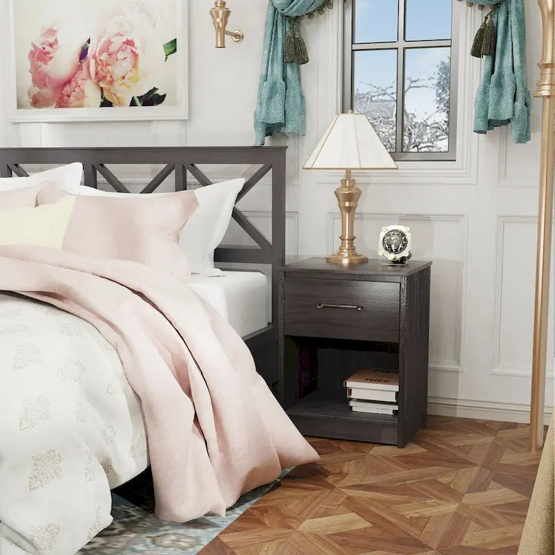 Nightstand with Drawer Storage Shelf Wooden End Side Table