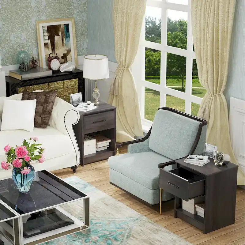 Nightstand with Drawer Storage Shelf Wooden End Side Table