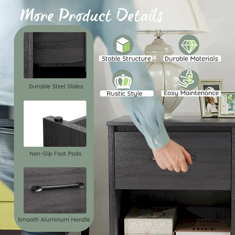 Nightstand with Drawer Storage Shelf Wooden End Side Table