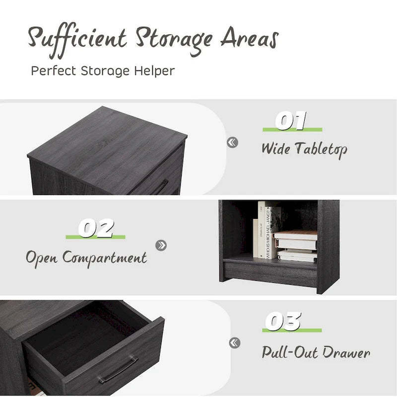 Nightstand with Drawer Storage Shelf Wooden End Side Table