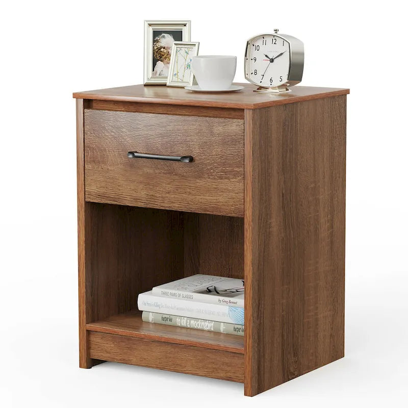 Nightstand with Drawer Storage Shelf Wooden End Side Table