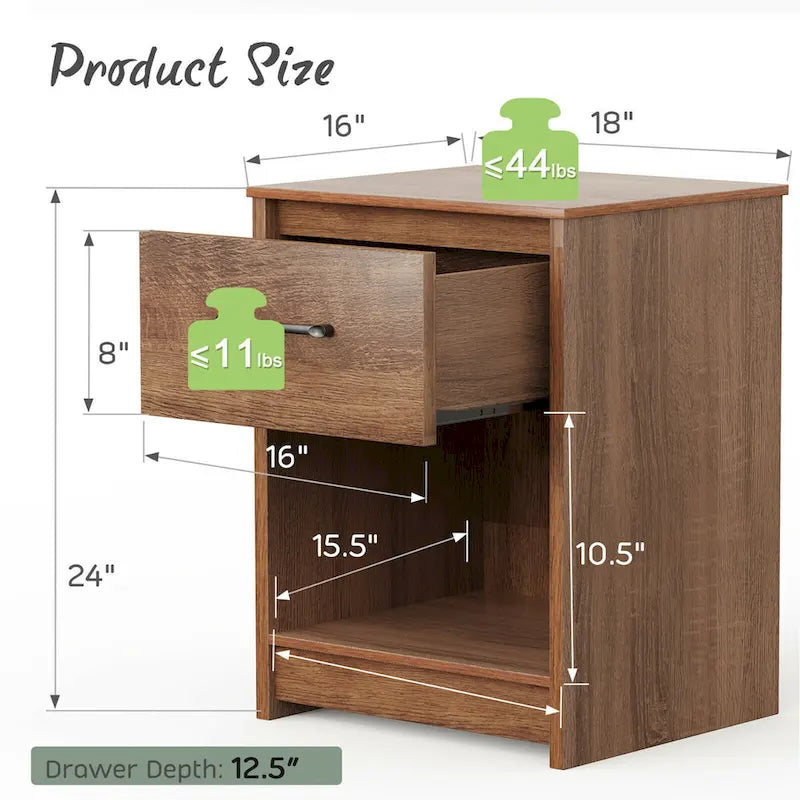 Nightstand with Drawer Storage Shelf Wooden End Side Table