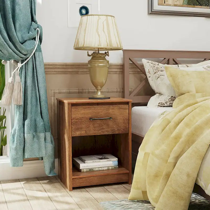 Nightstand with Drawer Storage Shelf Wooden End Side Table