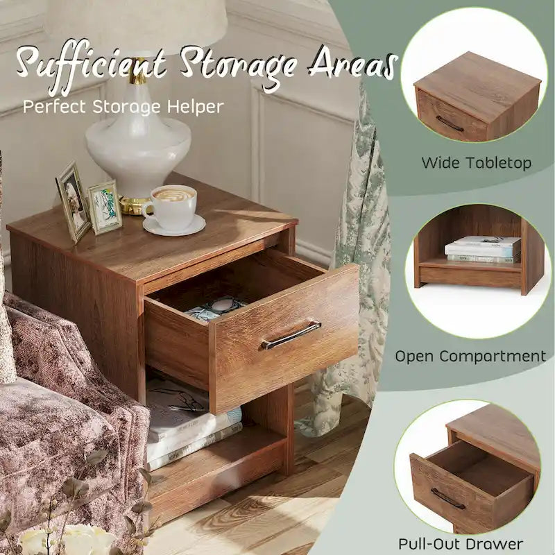 Nightstand with Drawer Storage Shelf Wooden End Side Table