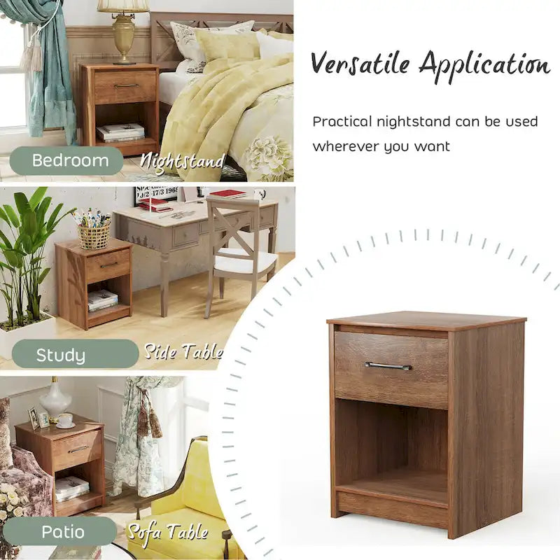 Nightstand with Drawer Storage Shelf Wooden End Side Table
