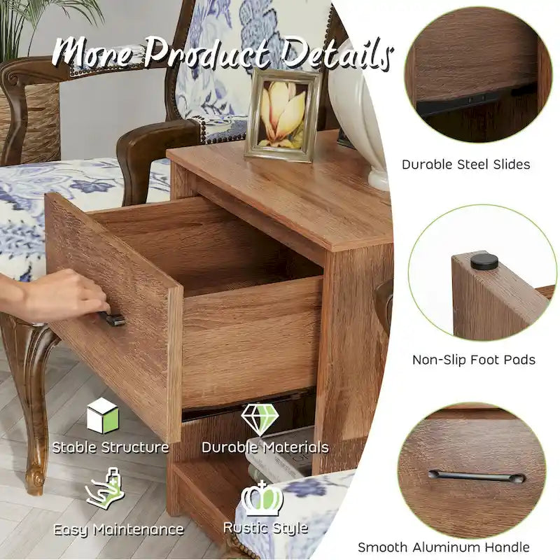 Nightstand with Drawer Storage Shelf Wooden End Side Table