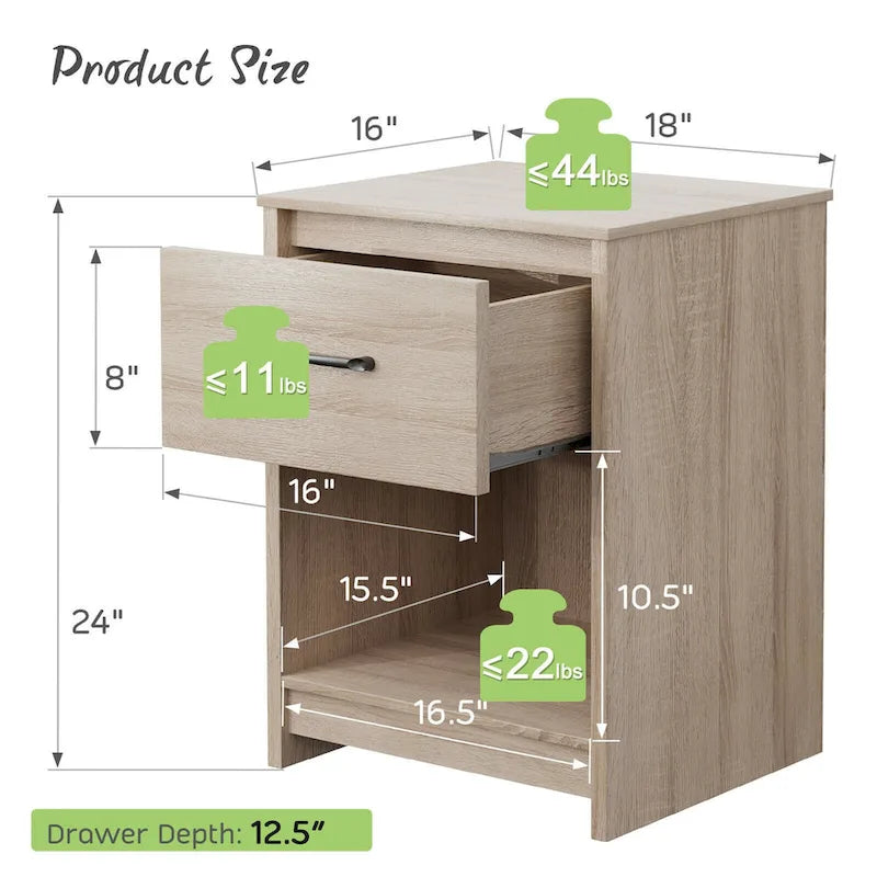 Nightstand with Drawer Storage Shelf Wooden End Side Table