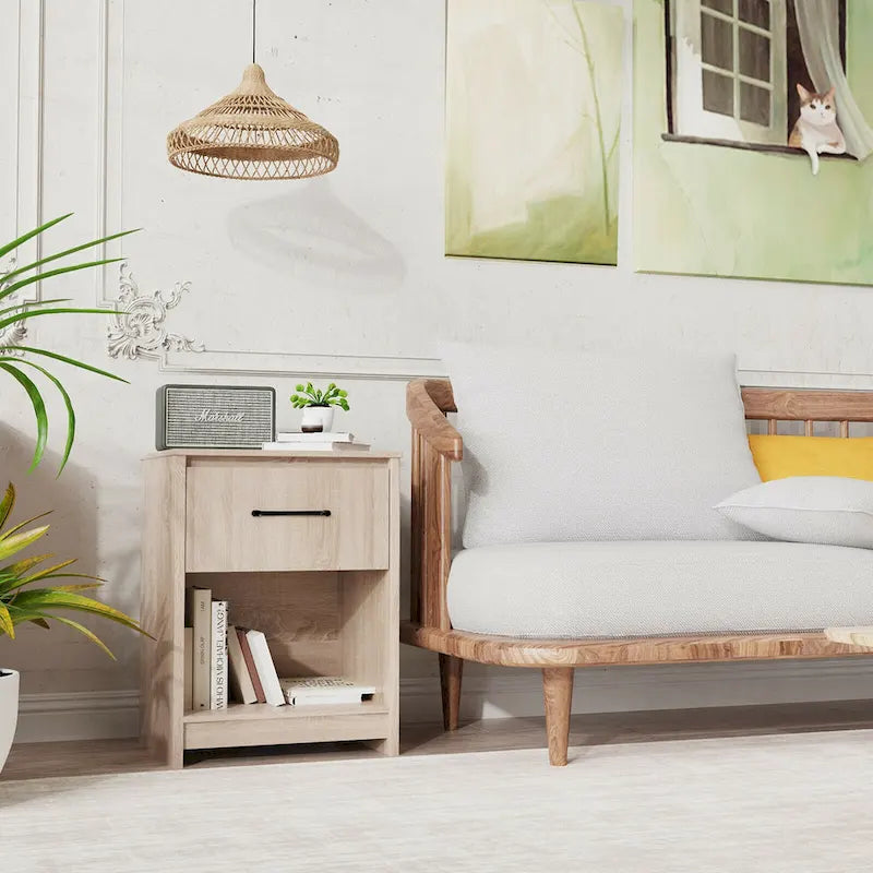 Nightstand with Drawer Storage Shelf Wooden End Side Table