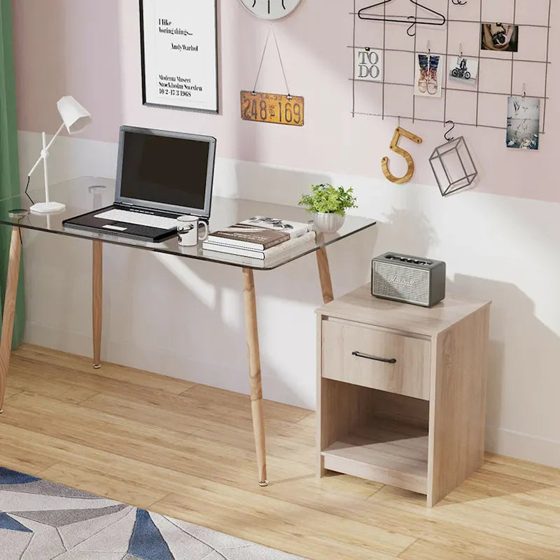 Nightstand with Drawer Storage Shelf Wooden End Side Table