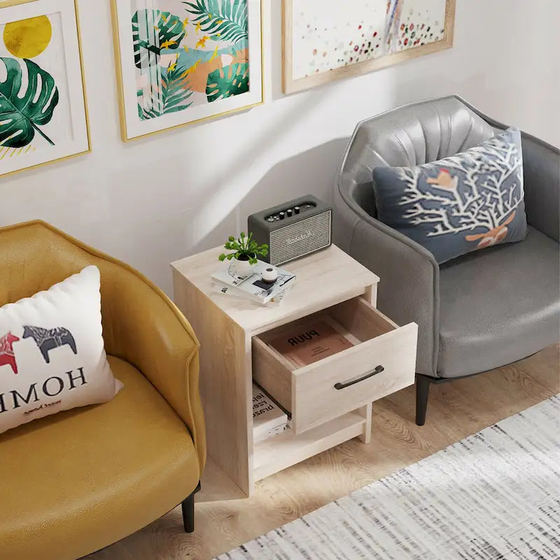 Nightstand with Drawer Storage Shelf Wooden End Side Table