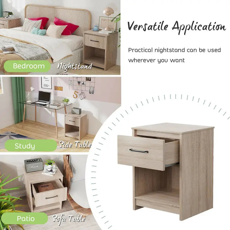 Nightstand with Drawer Storage Shelf Wooden End Side Table