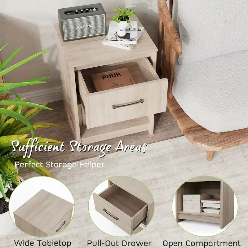 Nightstand with Drawer Storage Shelf Wooden End Side Table
