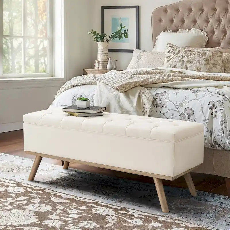 Mid-Century Modern Upholstered Storage Ottoman with Button Tufting