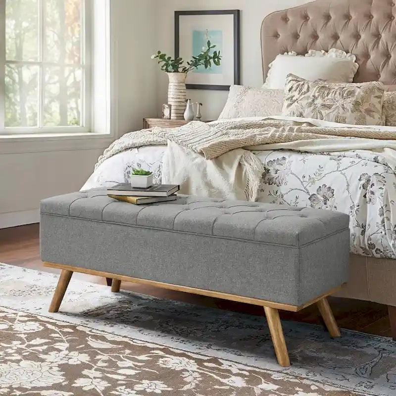 Mid-Century Modern Upholstered Storage Ottoman with Button Tufting