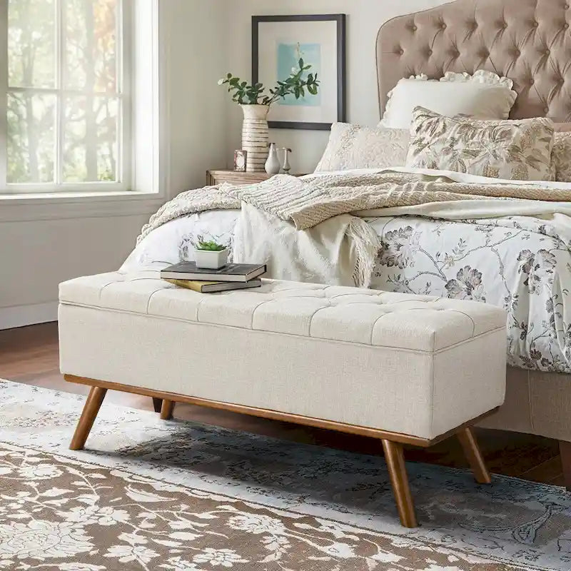 Mid-Century Modern Upholstered Storage Ottoman with Button Tufting