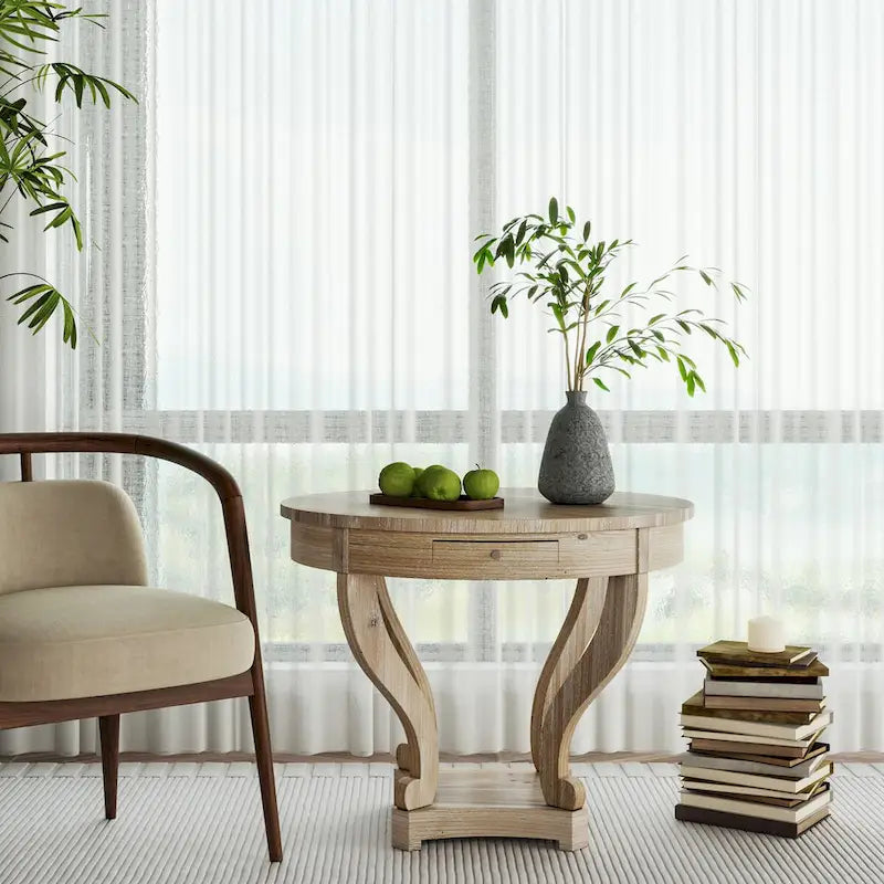 Curved Legs Farmhouse Style Small Size Round Dining Table - Natural Wood