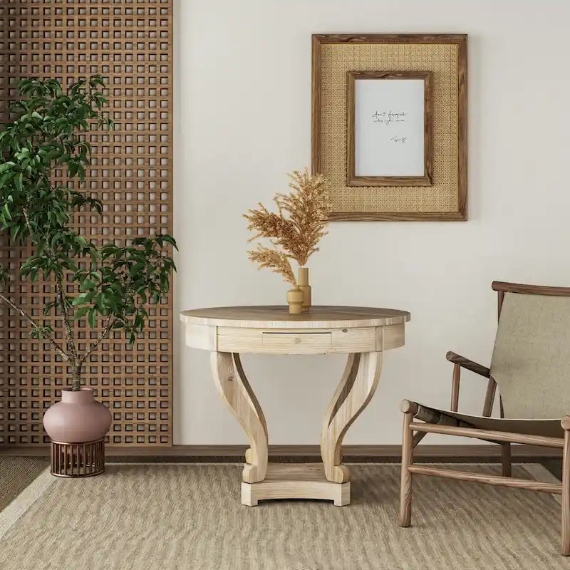 Curved Legs Farmhouse Style Small Size Round Dining Table - Natural Wood