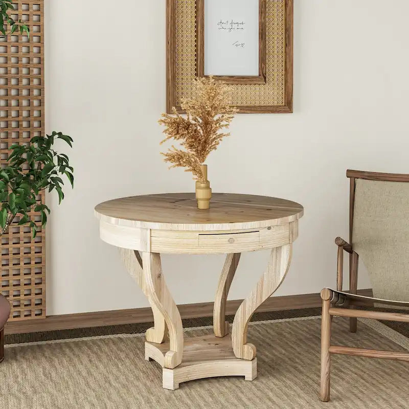 Curved Legs Farmhouse Style Small Size Round Dining Table - Natural Wood