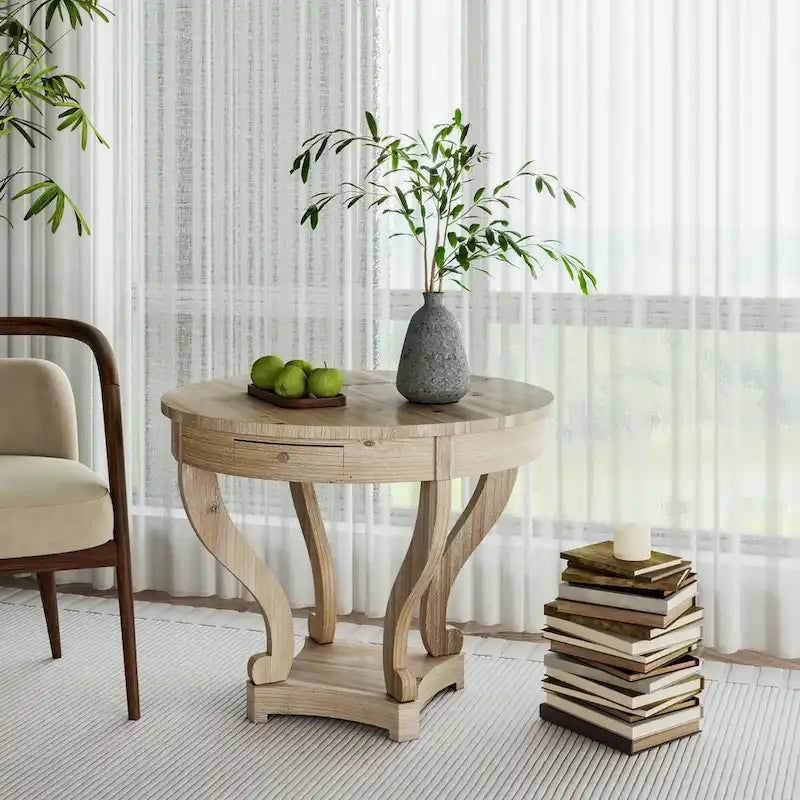 Curved Legs Farmhouse Style Small Size Round Dining Table - Natural Wood
