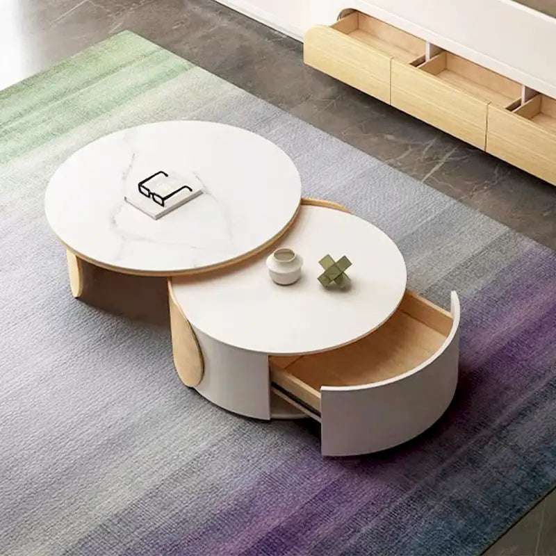 Modern Round Coffee table, Stone Table-top, Natural Wood - 50 x 31.5