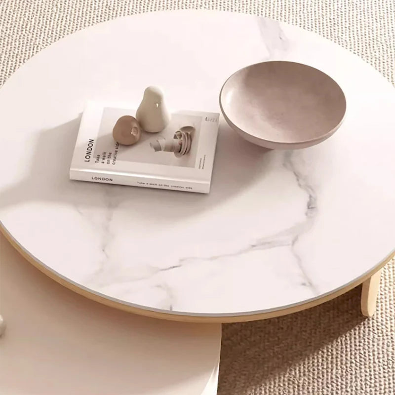 Modern Round Coffee table, Stone Table-top, Natural Wood - 50 x 31.5