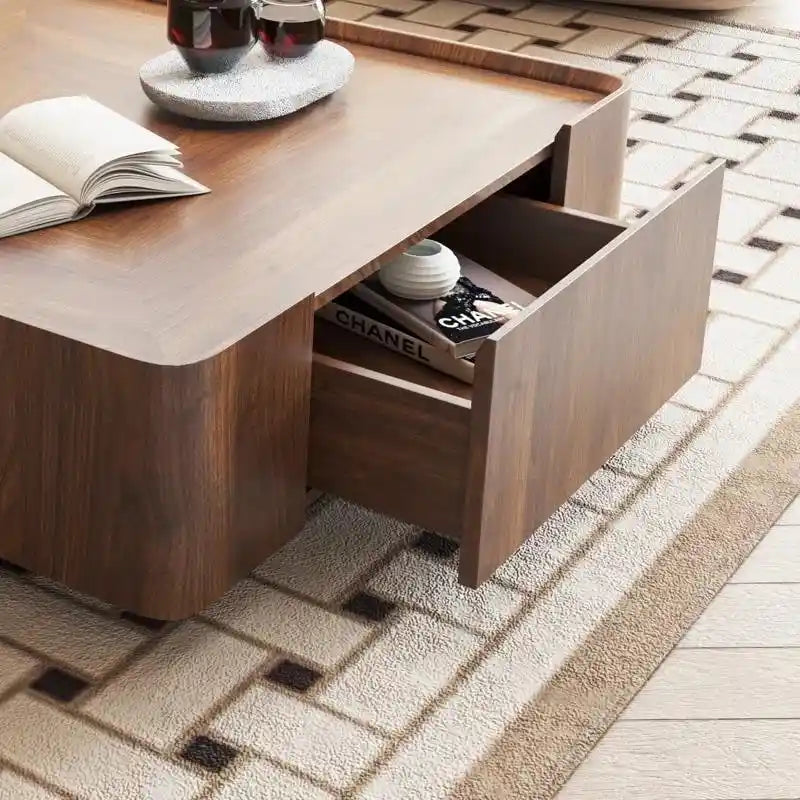 Industrial Walnut Coffee Table with Hidden Drawers - 39.37x39.37x12.6