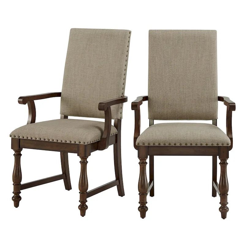 26 Inch Dining Armchair, Beige Polyester, Nailheads, Brown Solid Wood