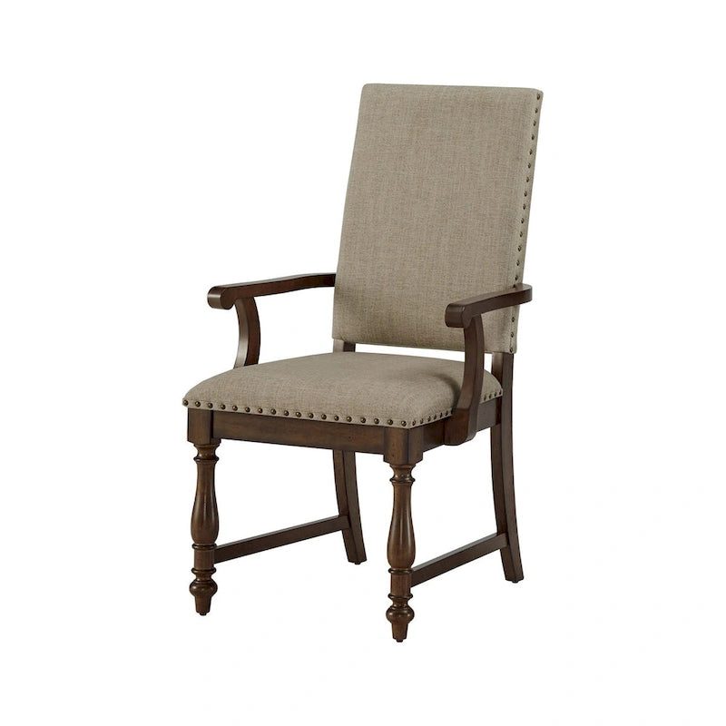 26 Inch Dining Armchair, Beige Polyester, Nailheads, Brown Solid Wood