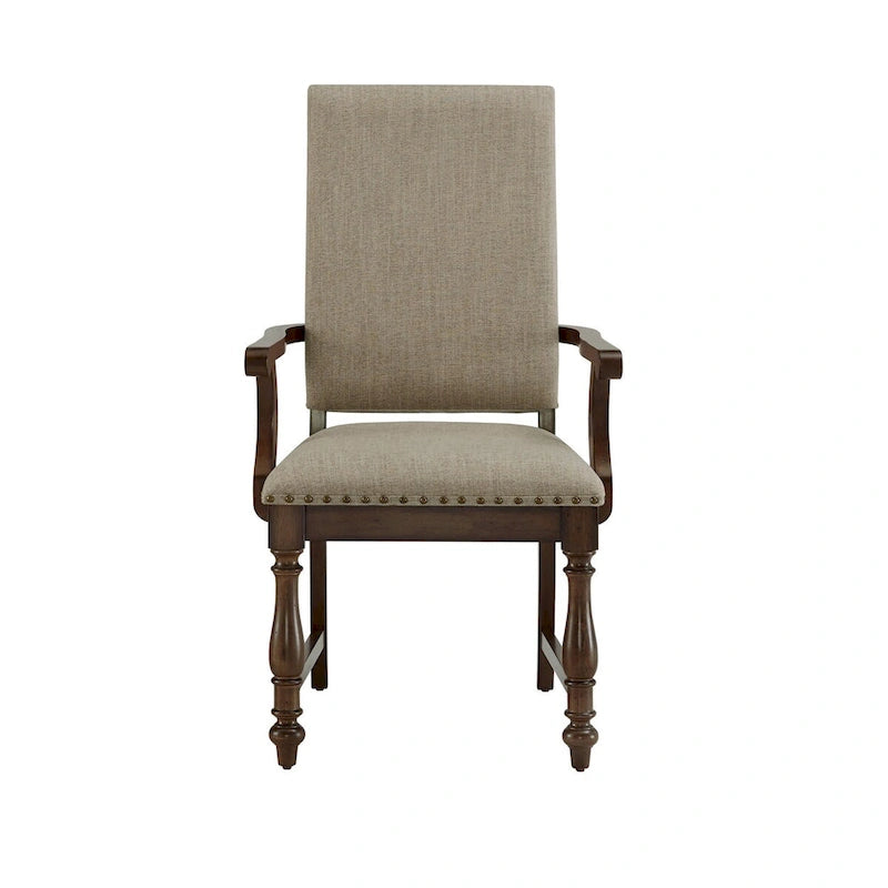26 Inch Dining Armchair, Beige Polyester, Nailheads, Brown Solid Wood