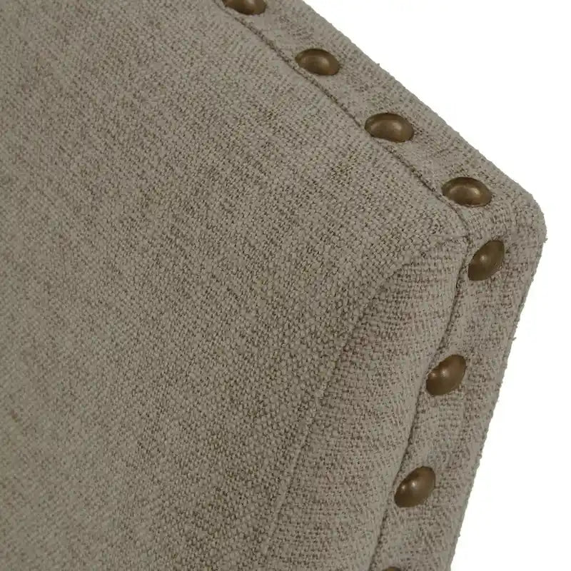 26 Inch Dining Armchair, Beige Polyester, Nailheads, Brown Solid Wood
