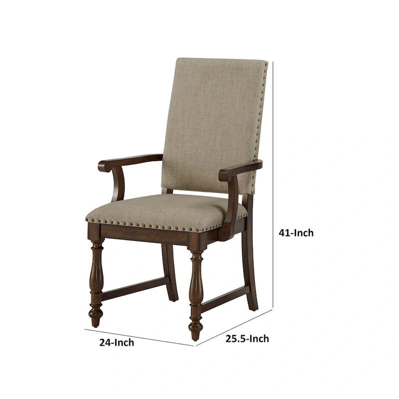 26 Inch Dining Armchair, Beige Polyester, Nailheads, Brown Solid Wood
