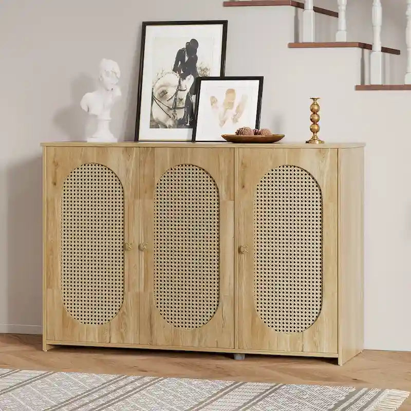 Rattan Doors and Metal Handles Sideboard with Large Storage Space