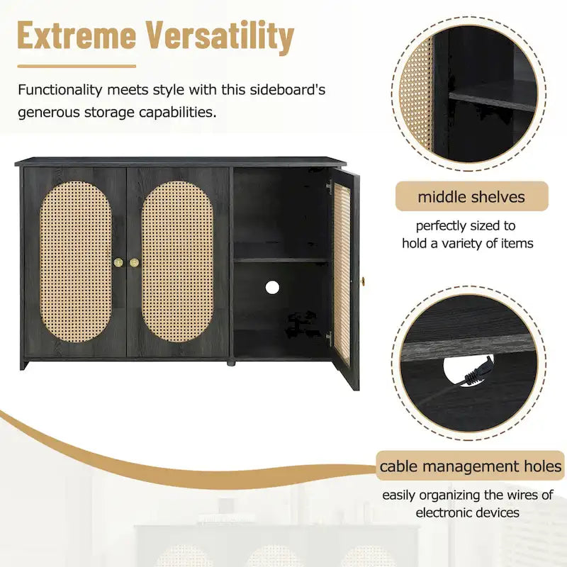 Rattan Doors and Metal Handles Sideboard with Large Storage Space